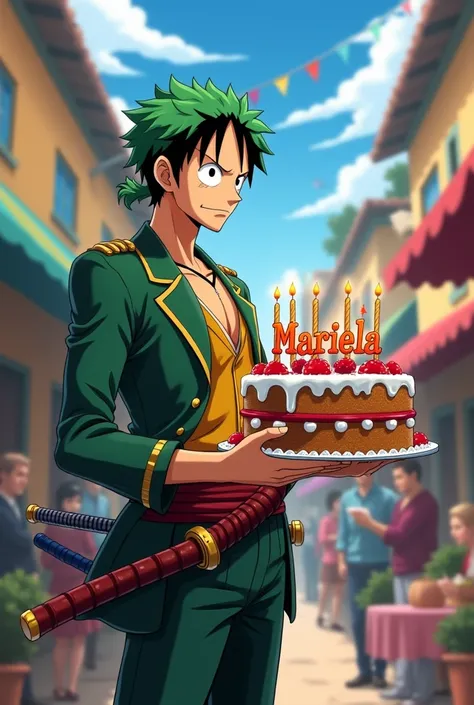 One Piece&#39;s Zoro delivering an 18th birthday cake that says "Mariela"