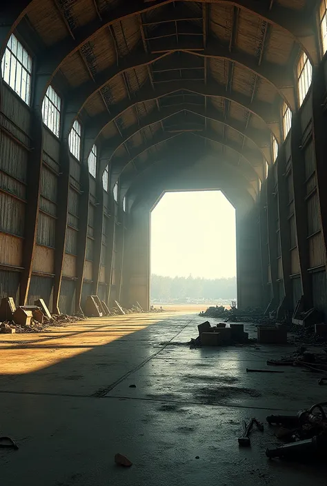 Scene is the inside of a hangar at an abandoned airfield.  