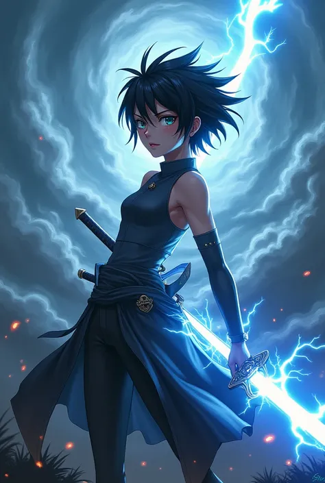 Create a mix of characters between Kilua and Sasuke with a lightning sword on top of a storm 