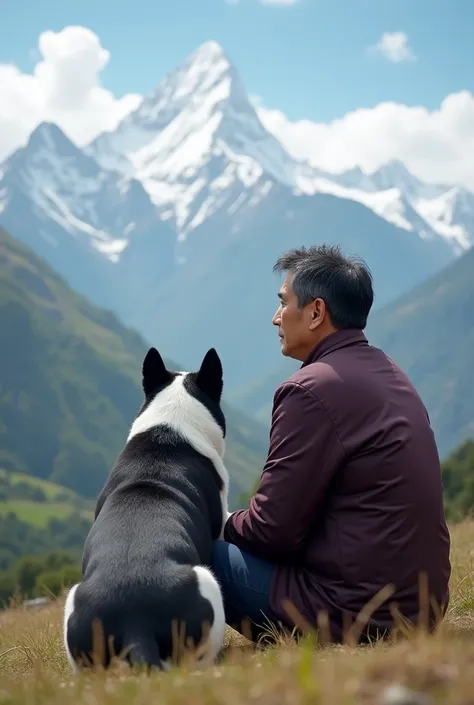  face facing a camera,A Japanese man(40year)(wear dark maroon jacket) sitting with his black white buldog and watching view in Nepal 