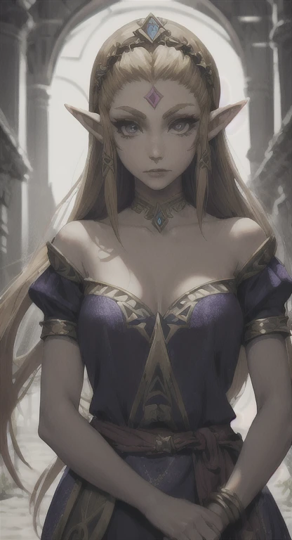 Ancient Hylian, princess Zelda, looking at viewer, POV, ancient princess dress, long messy hair, ancient Hyrule, medieval castle, 