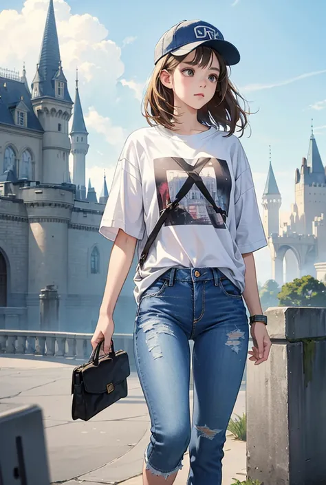 modern girl, cap, loose jeans, T-shirt with the inscription, tucked into jeans, White sneakers, smartphone, Castle, shock, fantasy world