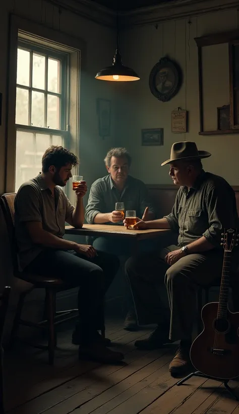 a 3 man sitting on an old chair in the corner of a dimly lit barroom, holding a glass of Tennessee whiskey, a bottle of Tennessee whiskey on the table, an acoustic guitar on a stand beside him