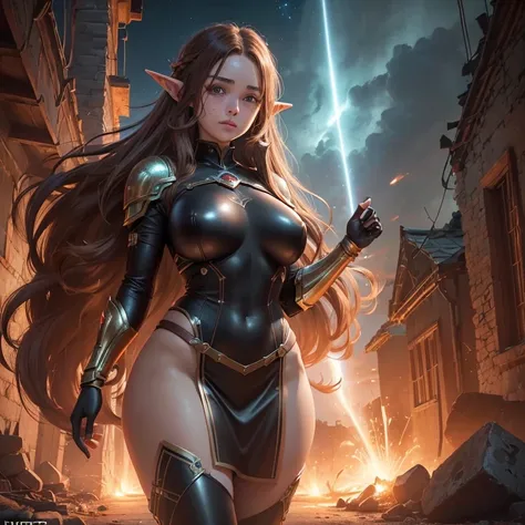 ((Best quality))) (((HD))) (((8K))) (Character) 20-year-old girl, ((Adventurous)) elf, ((Beautiful)) and ((cheerfulness)), ((Brown hair)) and ((Long hair)), voluptuous, Brown hair fit body large breasts thick thighs, intricate details, spiffy bodysuit, ful...