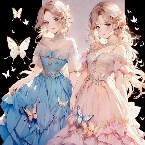 Rose-design dress、butterfly、Golden butterfly、Illustration, Gentle colors, 