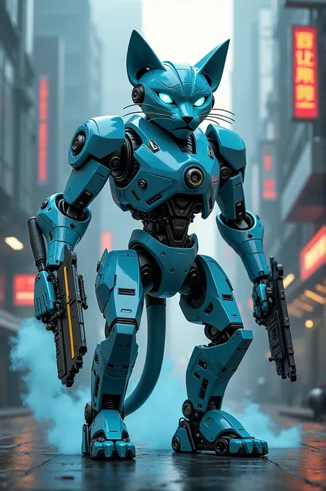 Light blue cyberpunk robotic cat with lots of scary weapons