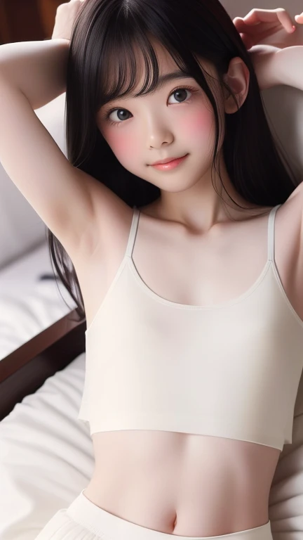 masterpiece, Highest quality, Long black hair, Hello, bangs, Yellow Eyes, (( white crop top camisole )),Small breasts, blush, A small smile, white dolphine short, Half of the upper body, Show your armpits, Lying in bed, Soft lighting