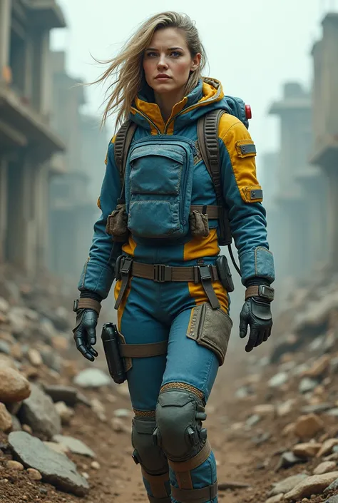 Woman in a post apocalyptic world wearing a blue and yellow suit 