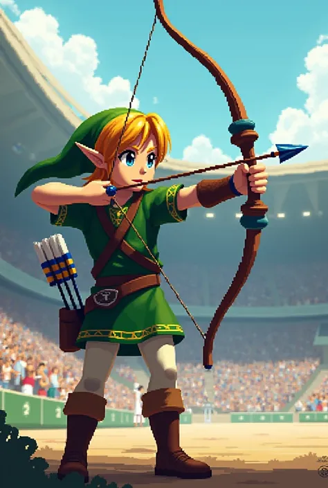 Link from the legend of zelda retro style at the olympic games in the archery category 