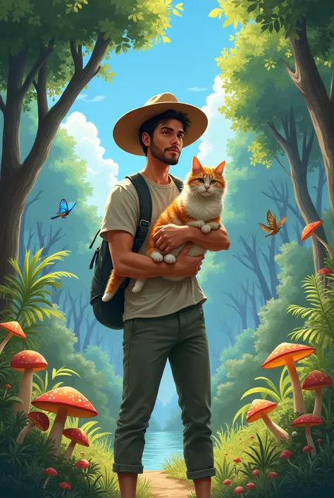 Man in hat holding cat in the forest，Mushrooms around，Birdie，Butterfly blue sky and river。