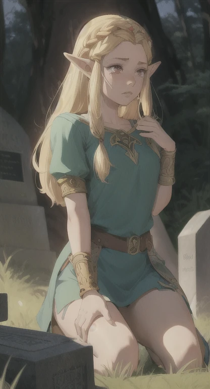 1girl, Ancient Hylian, Blonde, red eyes, Hylia, crying at, princess zeldas grave, 