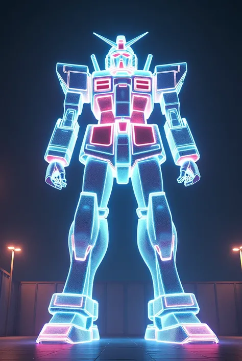 photorealistic image of a Very realistic neon colored holographic statue of a Japanese giant robot GUNDAM, Centrally located, The picture above, (masterpiece: 1.4), (Ultra high quality 8k), (Very realistic)