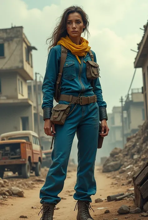 Woman in a post apocalyptic world wearing blue and yellow clothing 