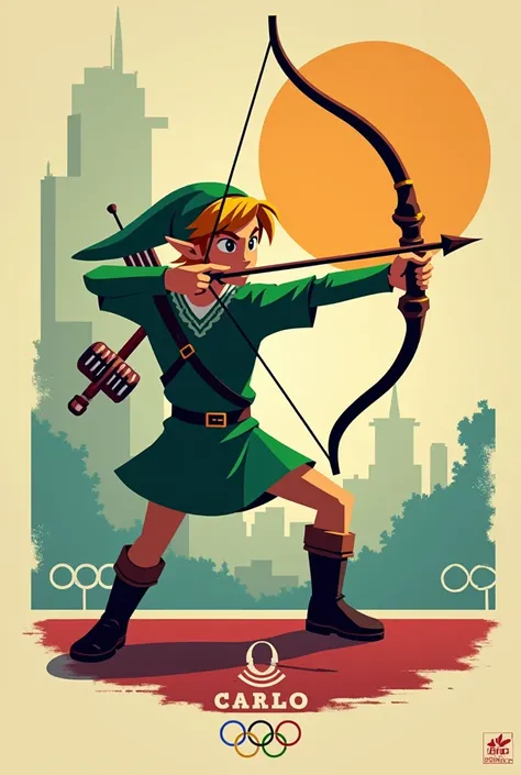 Link from the legend of zelda retro style at the olympic games in the archery category vector style hitting a target