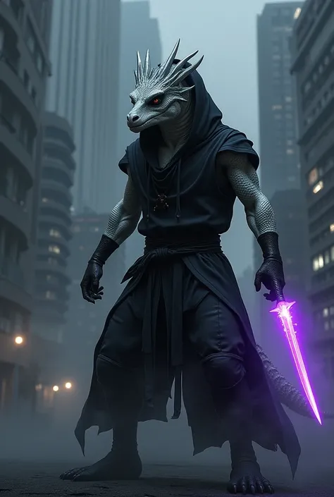 Make a humanoid dragon with white scales and black eyes, clothes that have an all-black hood that looks like a ninja&#39;s and a small knife with a neon purple blade and a luminous star in the center of it, make him in fighting stance with black mist aroun...