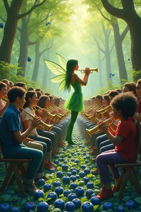 Many people playing together in a blueberry forest。
50 people, instruments include trumpet and clarinet。
The conductor is a green fairy
