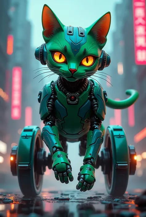 Cyberpunk green blue robotic evolved cat with spinning wheel legs and many terrible weapons