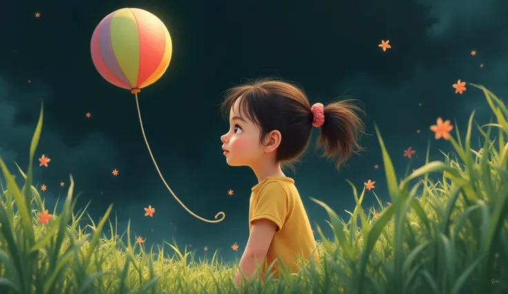 A young girl is smiling shyly, her eyes gazing forward with a mix of innocence and curiosity. The background is a vivid green, suggesting a lush, natural setting. The sky above is dark, almost black, creating a striking contrast with the greenery around he...