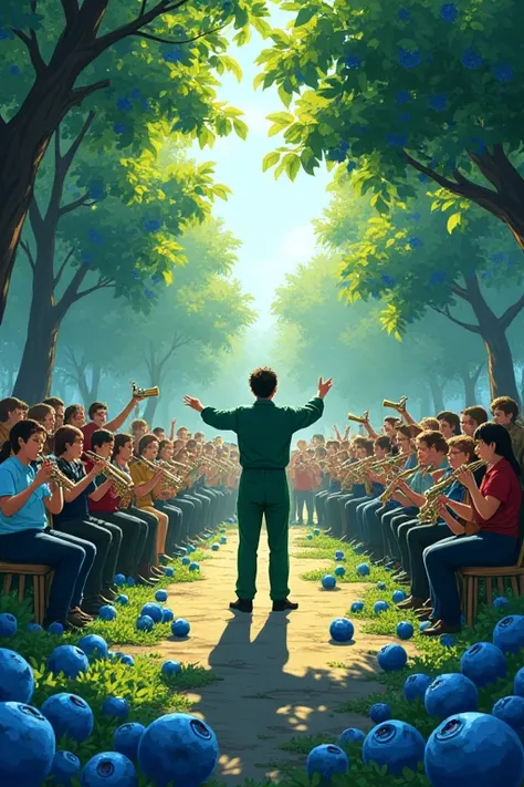 Many people playing together in a blueberry forest。
50 people, instruments include trumpet and clarinet。
The conductor is a cute anime man wearing a green jumpsuit