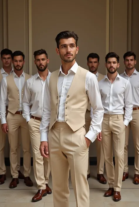 crete groom men dress with shades of beige combination only shirt and trousers at least for  15 groom men each should be different 
 I want with different shads only trouser and shirt without coat
For exzamm
If shirt is light beige trousers is dark
But 15 ...