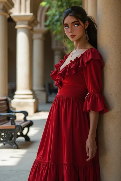 latina somewhat overweight woman in a red dress leaning against a pillar, wearing a red dress, in a red dress, wearing red dress, wearing a flowing dress, girl wears a red dress, wearing red, red dress, she arrived in a red dress, wearing a red outfit, in ...