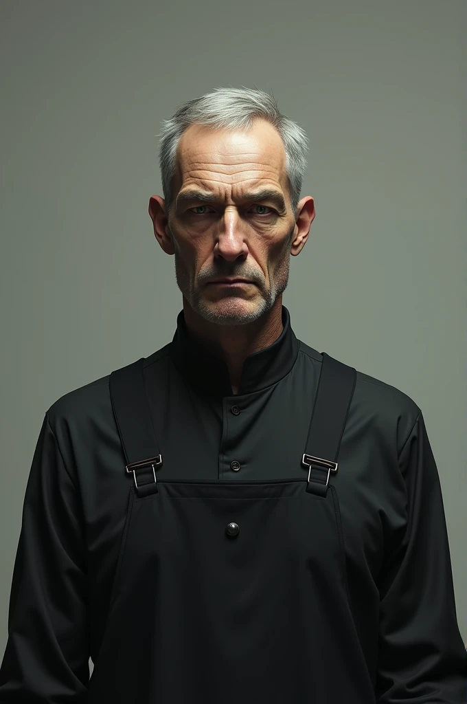 Mature man with green left eye and grey one, white, almost bald , GRAY HAIR, austere look, intelligent, Caucasian, black overalls dress.