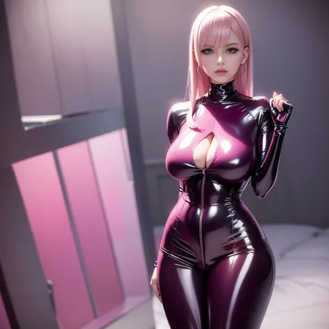 pink dominatrix concept, portrait picture Unreal Engine 5 8K UHD of beautiful female, full transparent latex, straight blunt bangs hair, ttansparent tight latex , earrings, transparent latex body straps, transparent latex long sock, transparent latex long ...