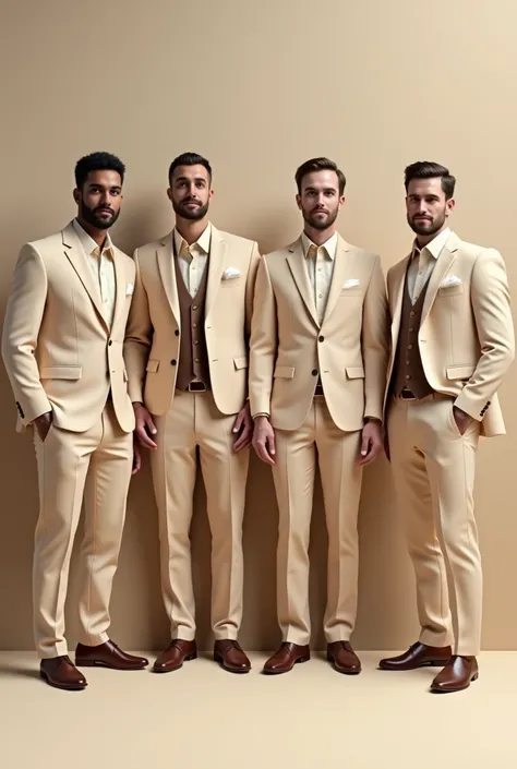 crete groom men dress with shades of beige combination only shirt and trousers at least for  15 groom men each should be different 
 I want with different shads only trouser and shirt without coat
For exzamm
If shirt is light beige trousers is dark
But 15 ...