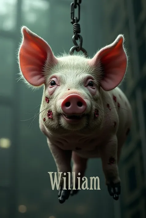 An image with a bullet-riddled pig&#39;s head on a crane that says William
