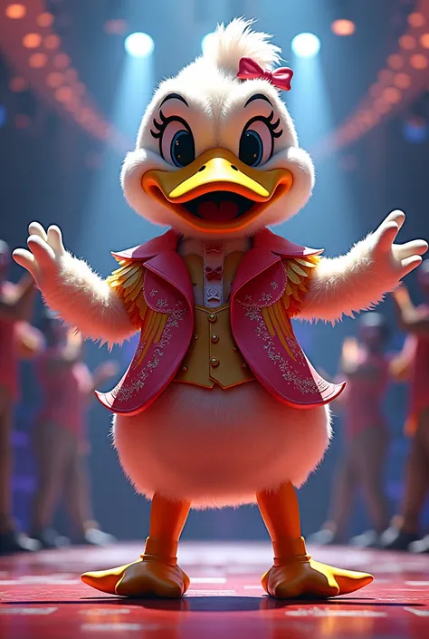 created an image of a person wearing a mascot named "Madame Duck Dynamic" on the show The Masked Singer