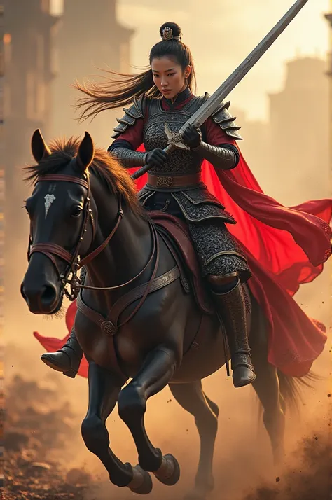 On the raging battlefield, the beautiful Asian woman, a small crown on her head, wore a dress covered in black and red armor, holding a long sword, and her robe rustling in the wind. He rides a horse and attacks with a sword, dust kicks, showing the spirit...