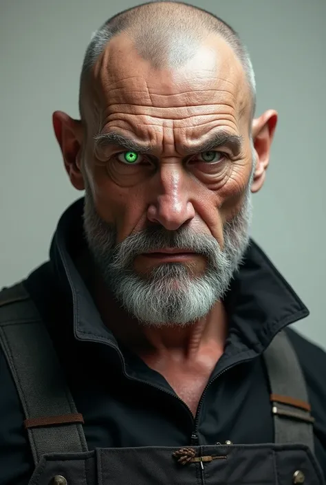 adult man, broad and brusque face, one left eye is green and the right eye is grey, white, almost bald , hairless, austere look, intelligent, Caucasian, black overalls dress.