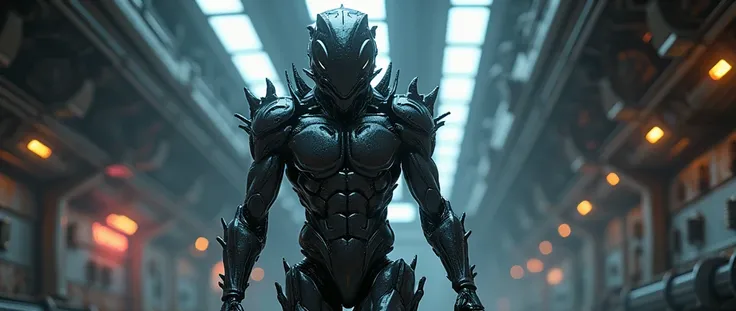 A humanoid alien wearing a cybermercenary skin suit: His skin is a metallic black tone with silver sparkles., Resistant to energy weapons and with the ability to camouflage itself in dark environments. Of imposing stature and robust musculature., Vraxar ha...