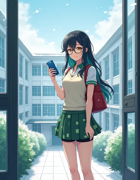 An 1 anime style woman standing at the entrance of a six story white school with blue tinted windows with trees and bushes around during the day while snow is falling  (entire plane), 166 cm tall, Its measurements are B 60, At 40, H 90, long wavy black hai...