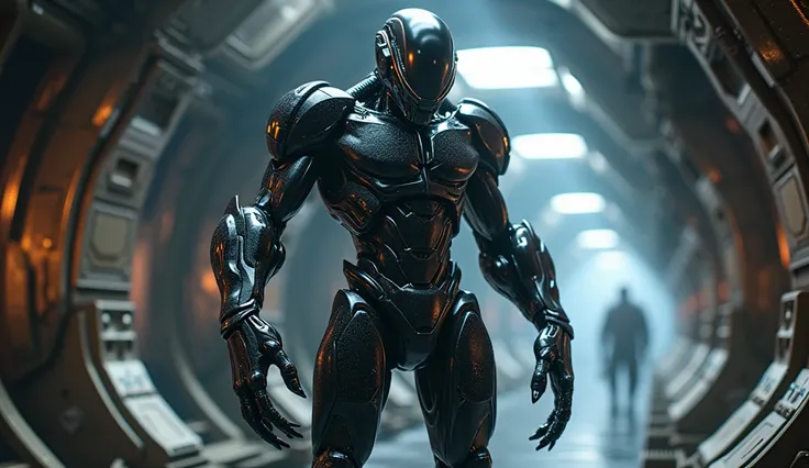 A humanoid alien wearing a cybermercenary skin suit: His skin is a metallic black tone with silver sparkles., Resistant to energy weapons and with the ability to camouflage itself in dark environments. Of imposing stature and robust musculature., Vraxar ha...