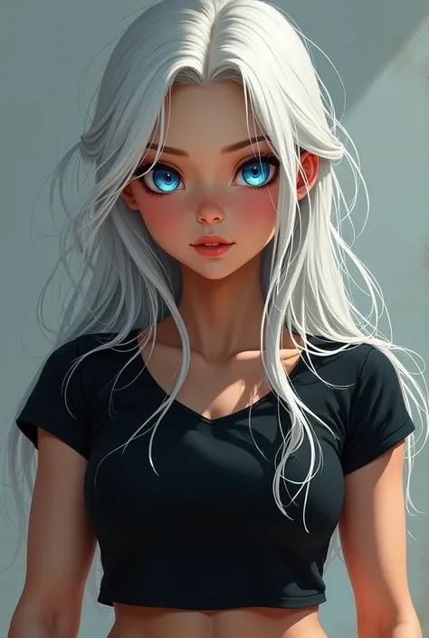  girl with beautiful blue eyes black t shirt long white hair and muscular arms