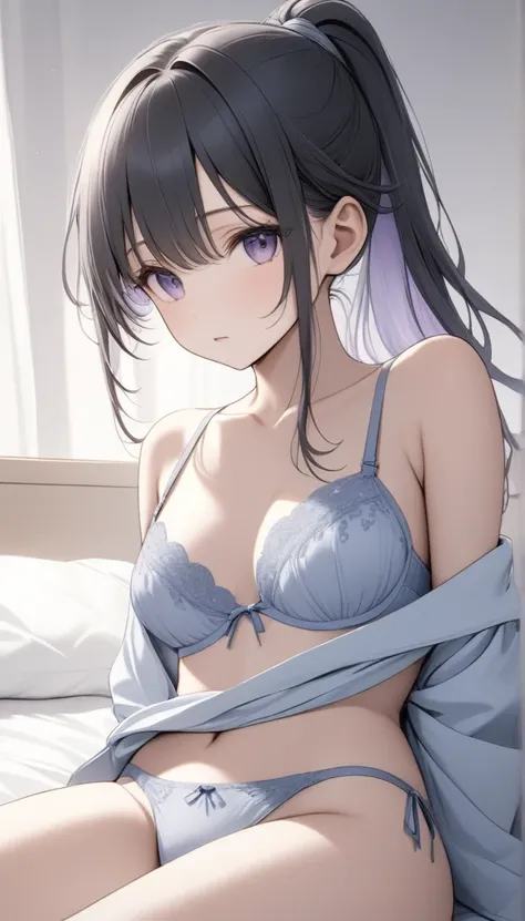 One,Cute  girl、((Transparent black hair、Light purple inner color hairstyle、Straight hair type、Her hair is tied up in a ponytail around her ears and hanging down on her chest.), ((Cute bra and panties with delicate embroidery in light colors))、(((Smooth bea...