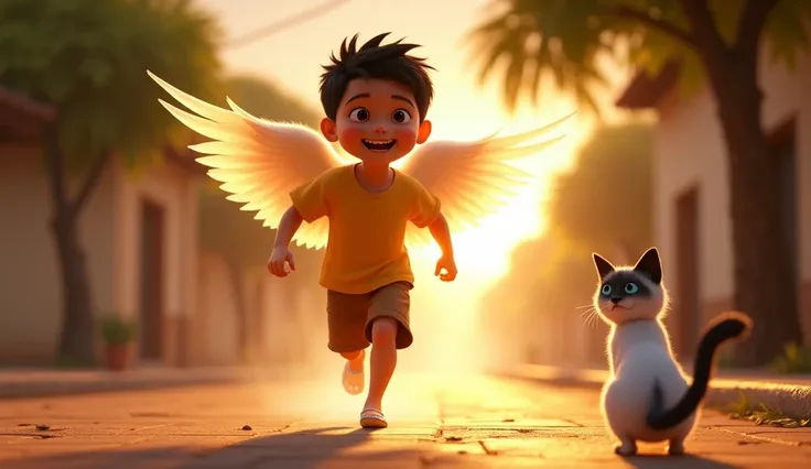 A Pixar 3D animation style scene featuring a young boy from El Salvador in a situation of poverty, running barefoot down a street in a Salvadoran neighborhood. As he runs, he leaves glowing footprints of light behind him, while angelic wings unfold from hi...