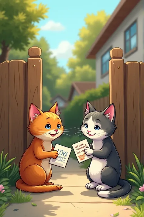 The next evening, Bella and Max exchange notes through a tiny mailbox installed in their fences. Each letter is adorned with little drawings and puns, bringing joy to both cats and their human neighbors.