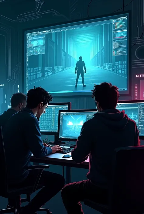  "A hacker team in a covert operation is huddled around a large screen showing a live feed of a secure facility. Each team member is working on their own device, and the room is filled with dim, ambient light and glowing tech equipment."