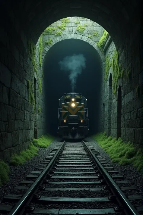 The train is entering a long, dark, and ominous tunnel. The tunnel is ancient, with stone walls covered in moss, barely visible as the train disappears into the darkness.