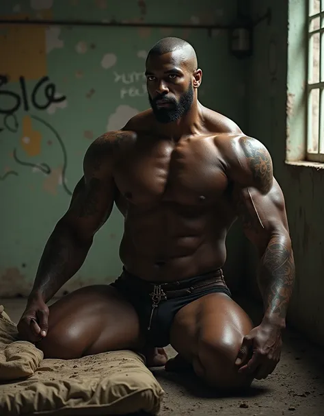 A muscular black man with a sexy oily body, muscles: 3.0, Beautifully detailed eyes, extremely detailed face, Extremely detailed body, small waist, leather thong and tattoos, bulging crotch; in an abandoned cell with walls covered in graffiti, at the botto...