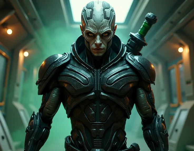 A humanoid alien with a serious face and a cybermercenary suit in which you can see his face and his six silver brown eyes, a green laser cannon and black skin.: His skin is a metallic black tone with silver sparkles., Resistant to energy weapons and with ...