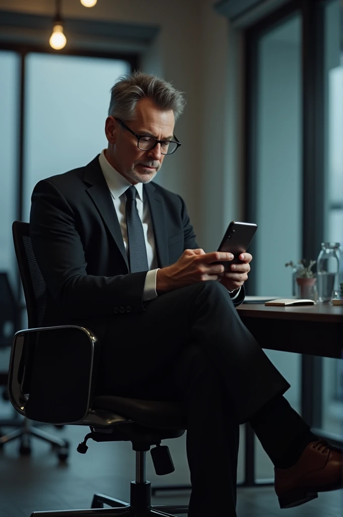 Man in black suit playing mobile 
game