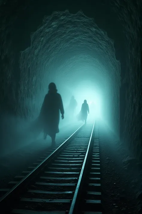 Inside the tunnel, faint, ghostly silhouettes of shadowy figures appear on the stone walls, moving as the train speeds past them.