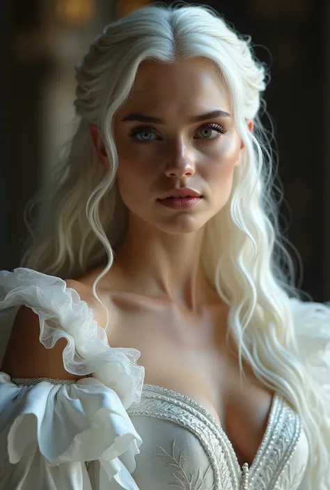 [Dear Delevingne] As [daenerys targaryen] featuringo uma versão da vida real (daenerys targaryen), White Targaryen hair, featuring (wearing sexy dress), (decote sexy), charmer smile, perfects eyes, Beauthfull perfeita,pierced eyes ,work of art, fluffy woma...