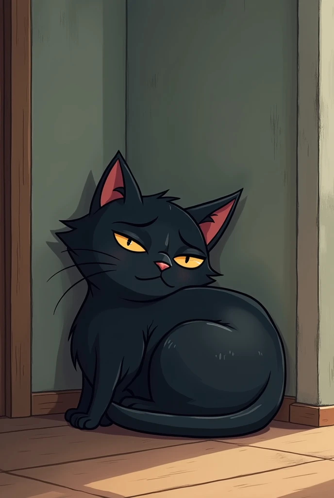 A black sad cat catoon curled up and sleeping in the corner of the house