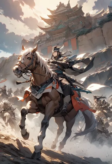 A warrior drives a horse、A scene of someone running down a steep cliff。His expression is calm、The armor from the Heian period fluttering in the wind speaks of strength。Below the cliffs you can see the battlefield、Enemy soldiers can be seen in the distance ...