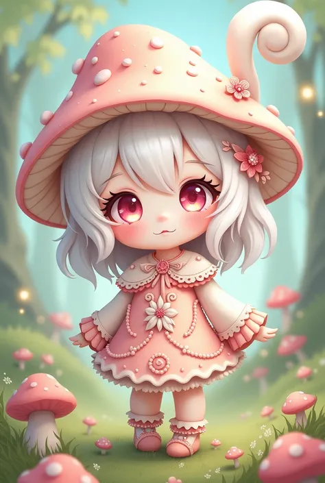 Genre: Female Outfit: Mushroom Suit Appearance: Chibi Hat: Mushroom Skin Tone: White Eyes: Pastel Pink Hair: white 