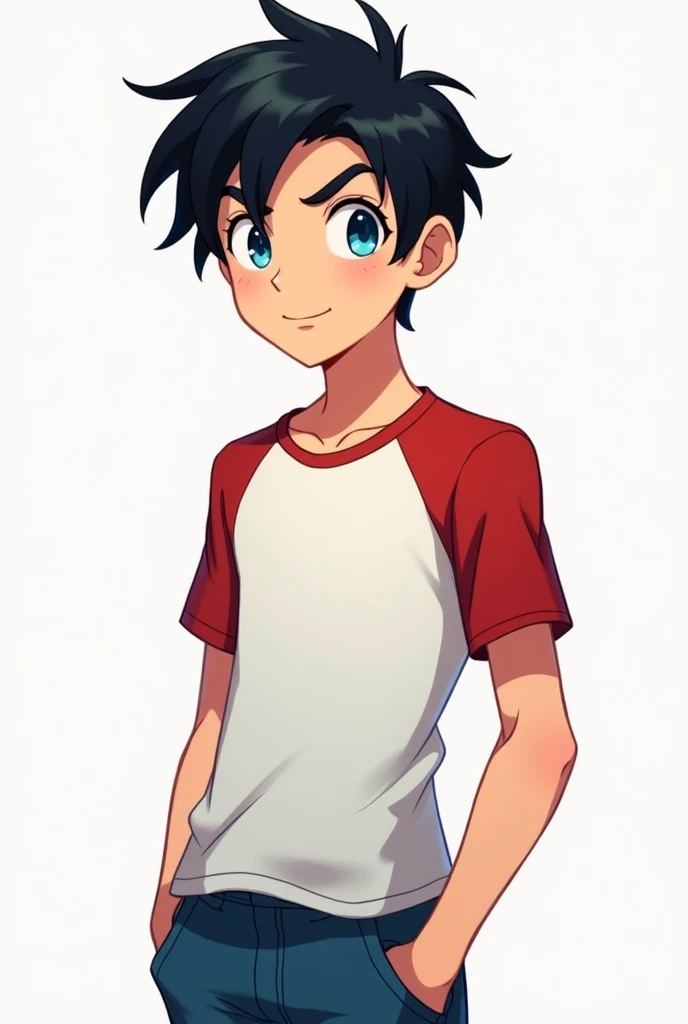 Danny Fenton is a teenage boy with a lean, athletic build and light, peach-toned skin. His dark black hair is thick and slightly messy, falling in soft, uneven layers just above his eyebrows and slightly curling at the ends. His eyes are a striking bright ...